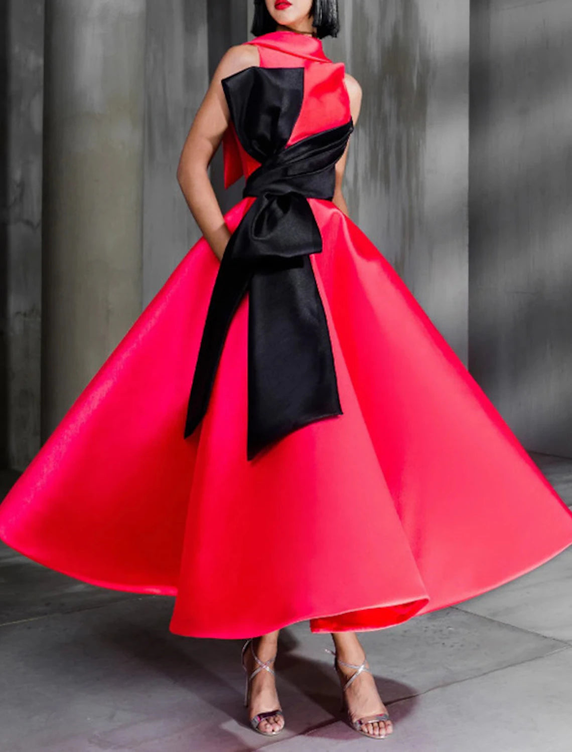 Wholesale Ball Gown Color Block Celebrity Style Elegant Prom Formal Evening Birthday Dress Christmas Red Green Dress High Neck Sleeveless Ankle Length Satin with Bow(s)